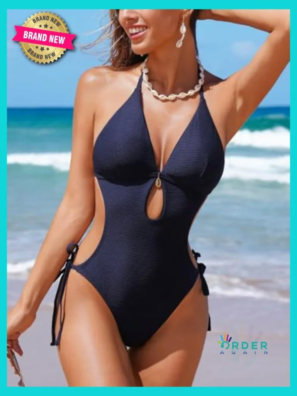 One Piece Swimsuit Halter Cutout Plunging Backless Self Tie Textured Ribbed